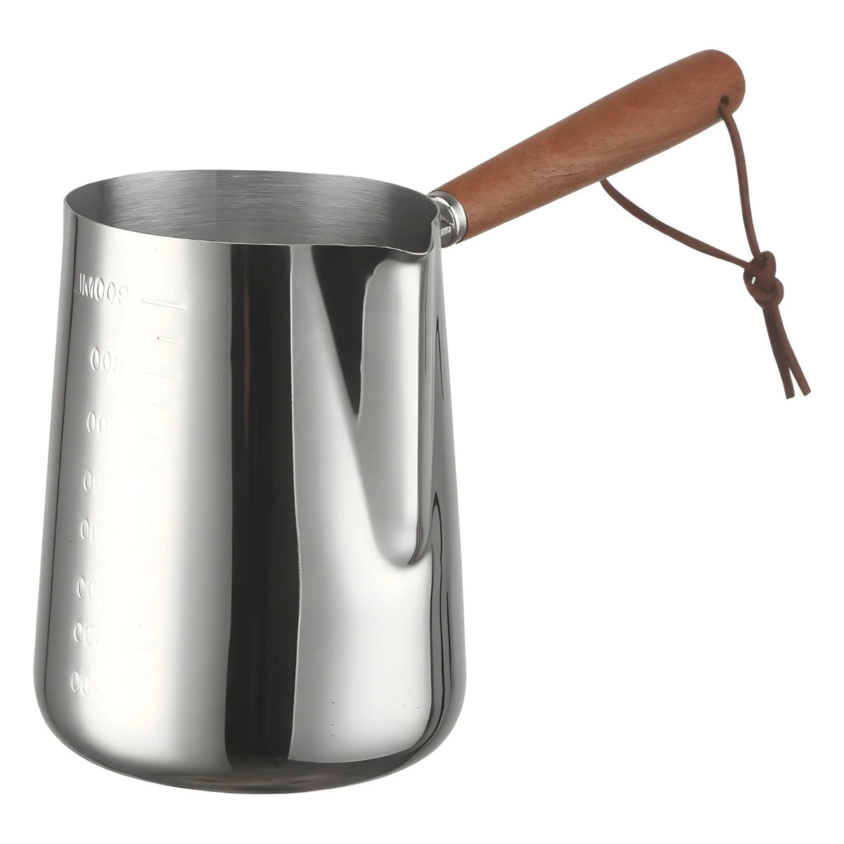 Stainless steel milk jug with wooden handle and internal measuring scale for barista coffee art.
