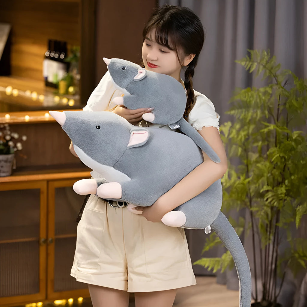 Cartoon-style grey mouse plush doll stuffed toy in small, medium, and large sizes.