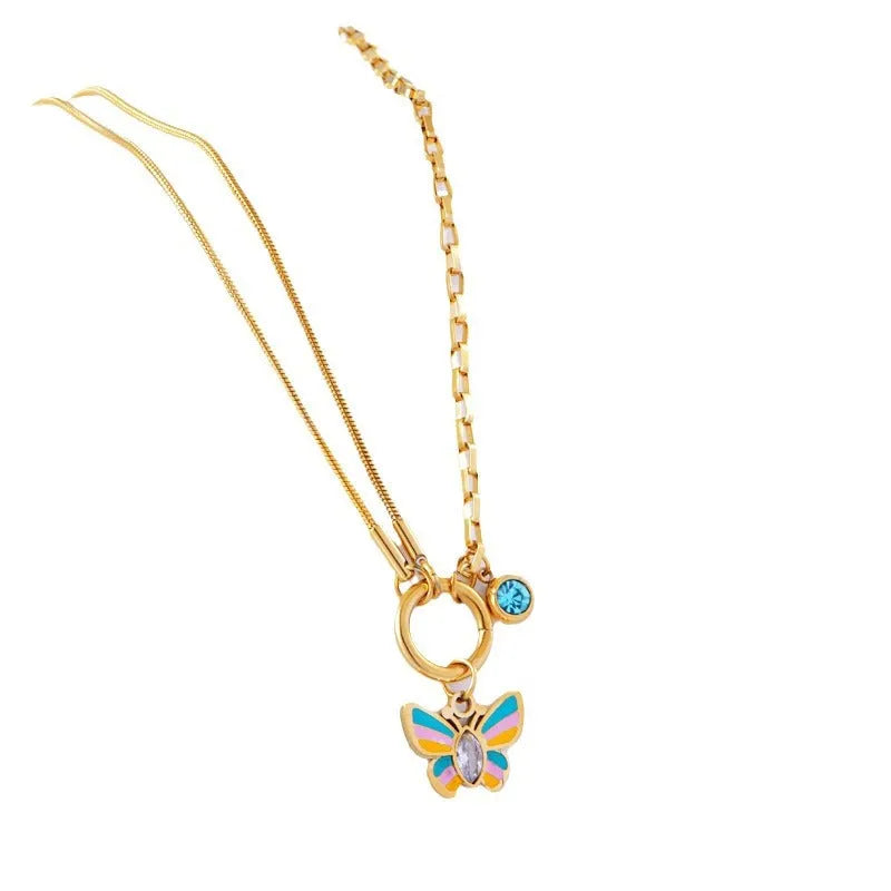 Gold titanium steel butterfly necklace and bracelet set with snake bone chain for women