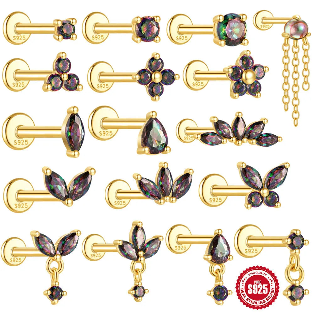 S925 sterling silver geometric earring with rainbow stone and flat head thread piercing in a gold colour.