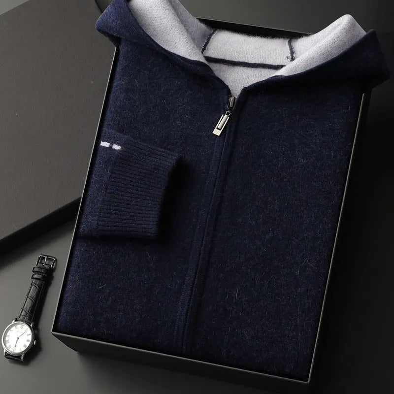 Men's dark blue cashmere zip-front cardigan sweater with half-high collar