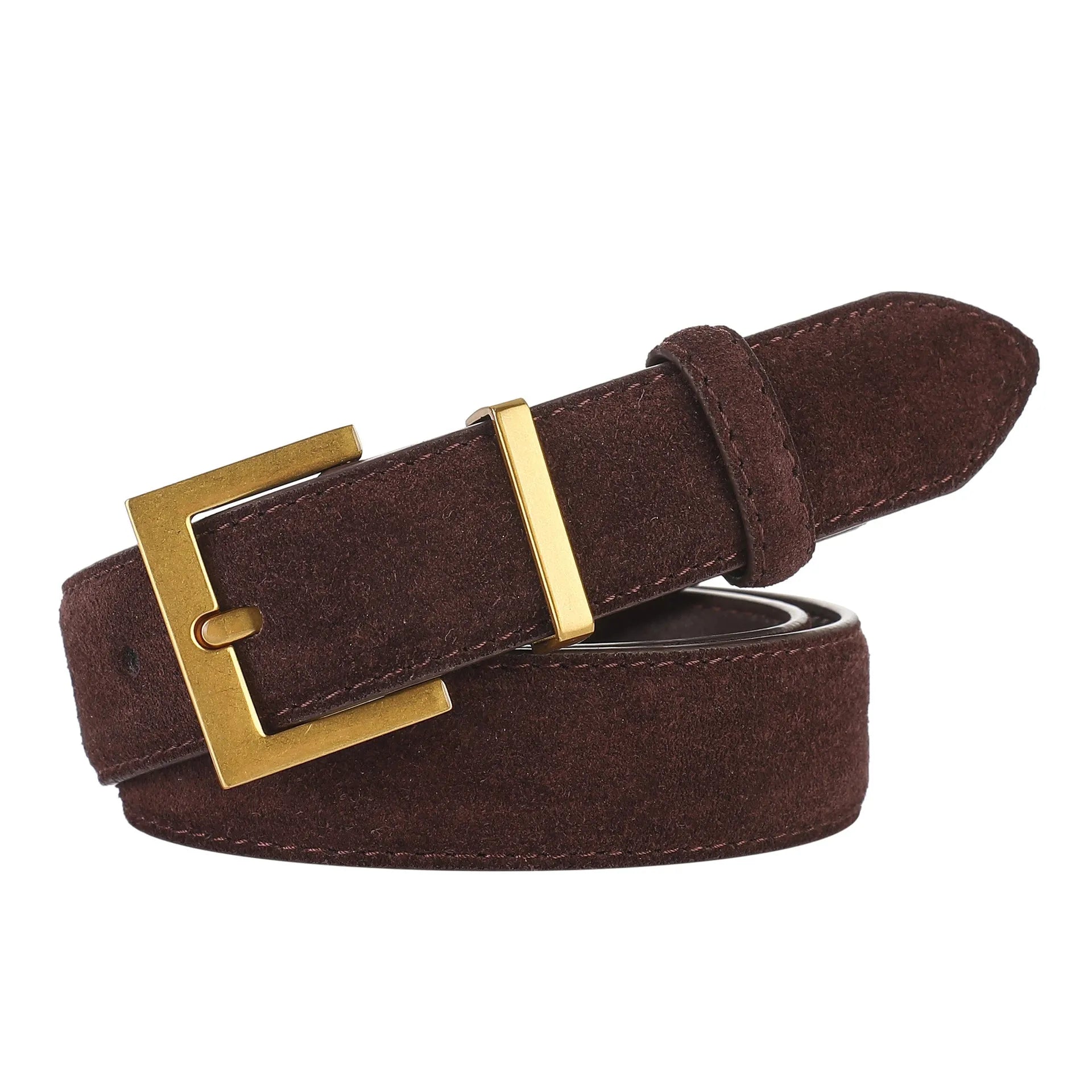 Ladies' leather pin buckle belt in black, caramel, dark brown, or light brown with quadrilateral alloy buckle