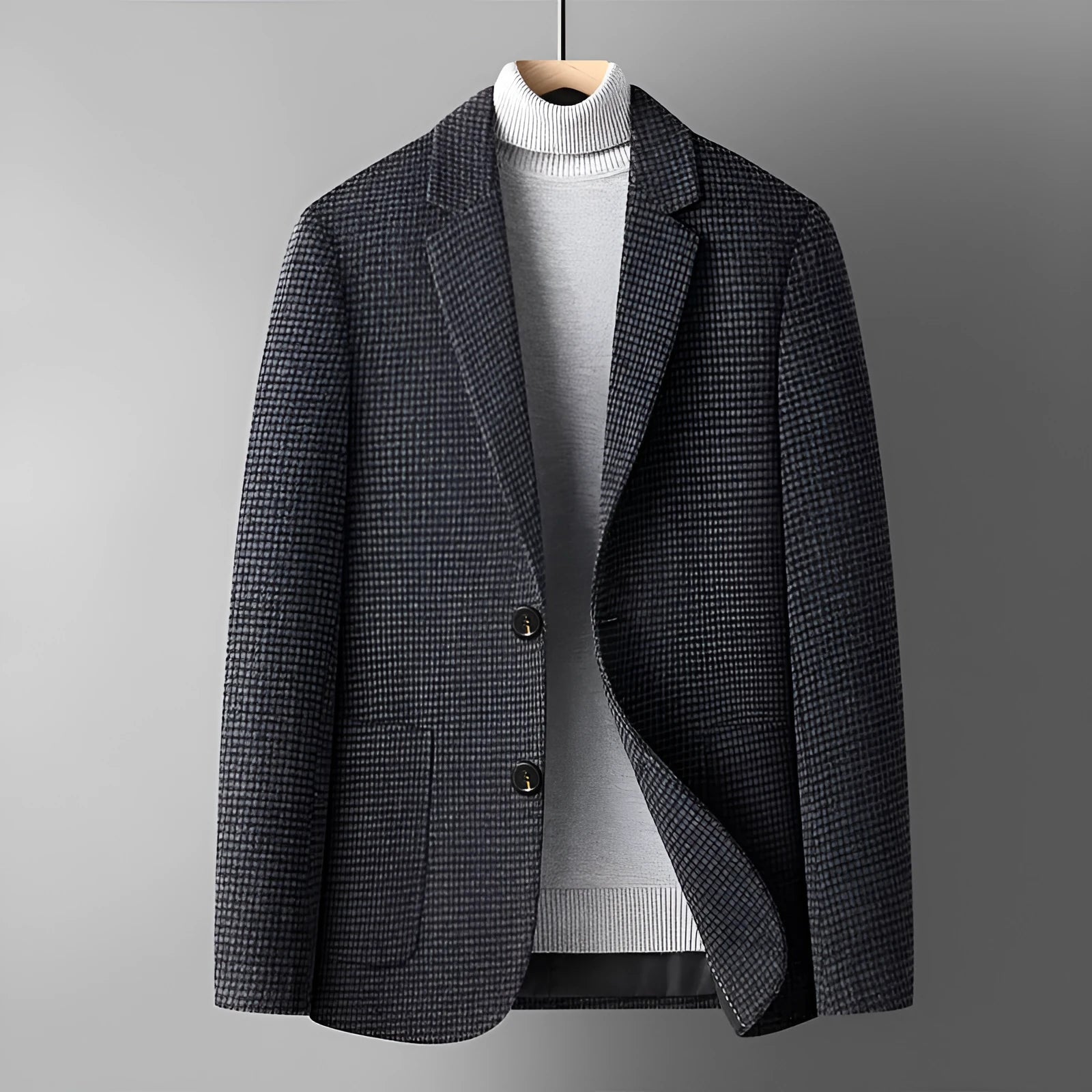 Men's short woolen suit jacket in grey showing slim fit non-iron design for autumn