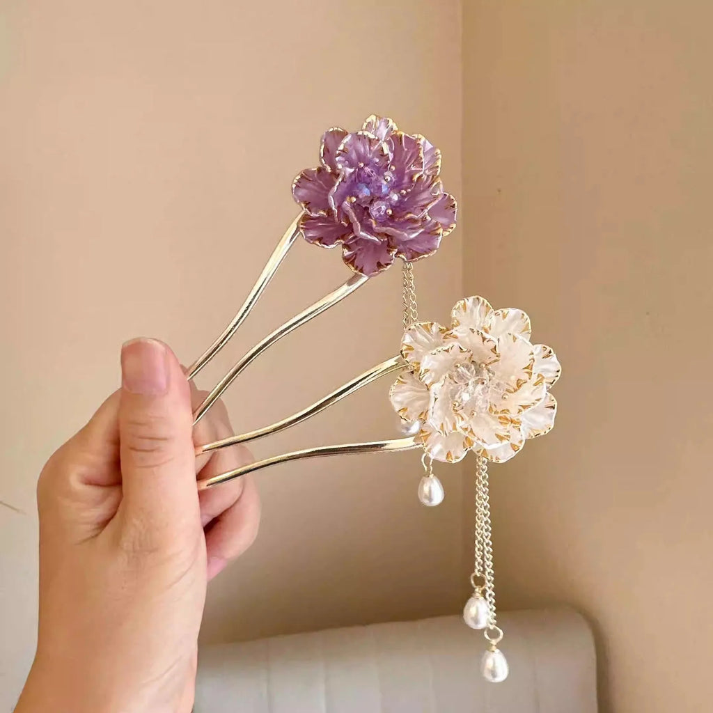 Purple and white peony flower tassel U-shaped hairpin with alloy electroplated construction