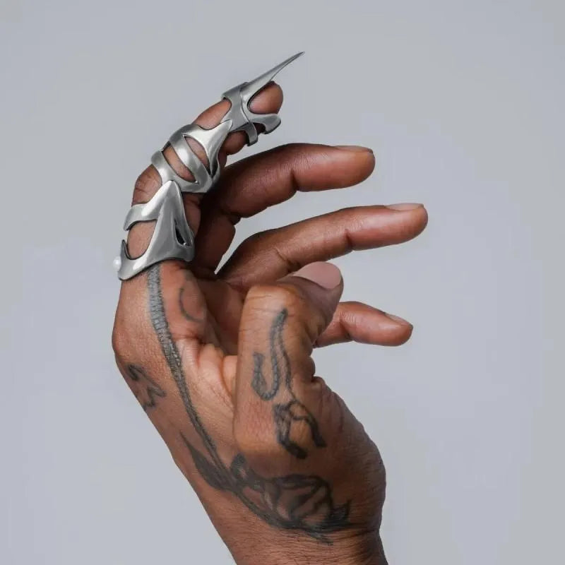 Silver alloy punk armour finger stall ring showing full finger coverage