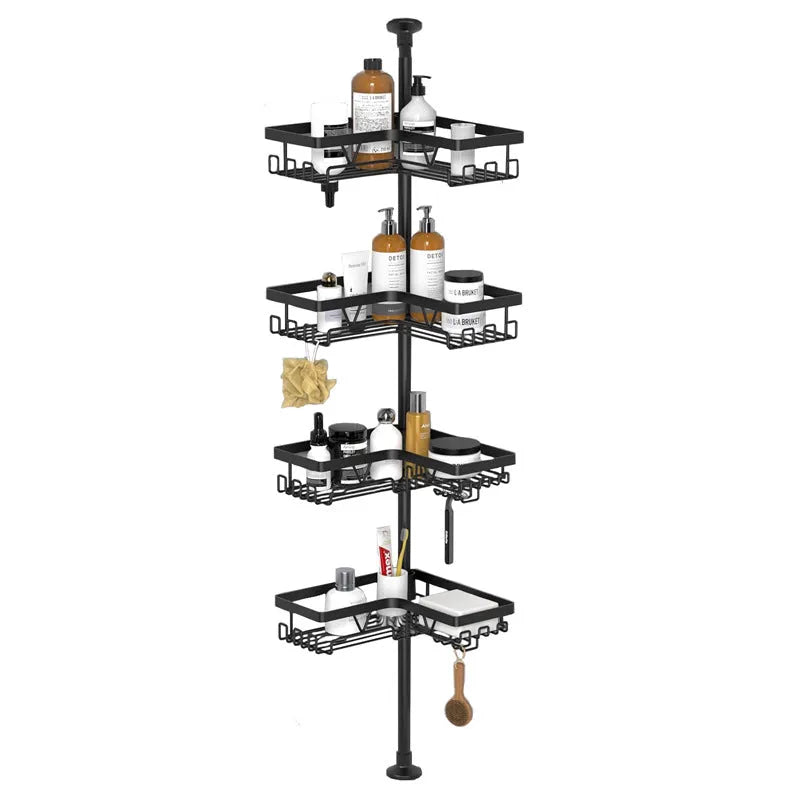 Hole-free retractable bathroom storage rack with 4 stainless steel shelves and iron frame