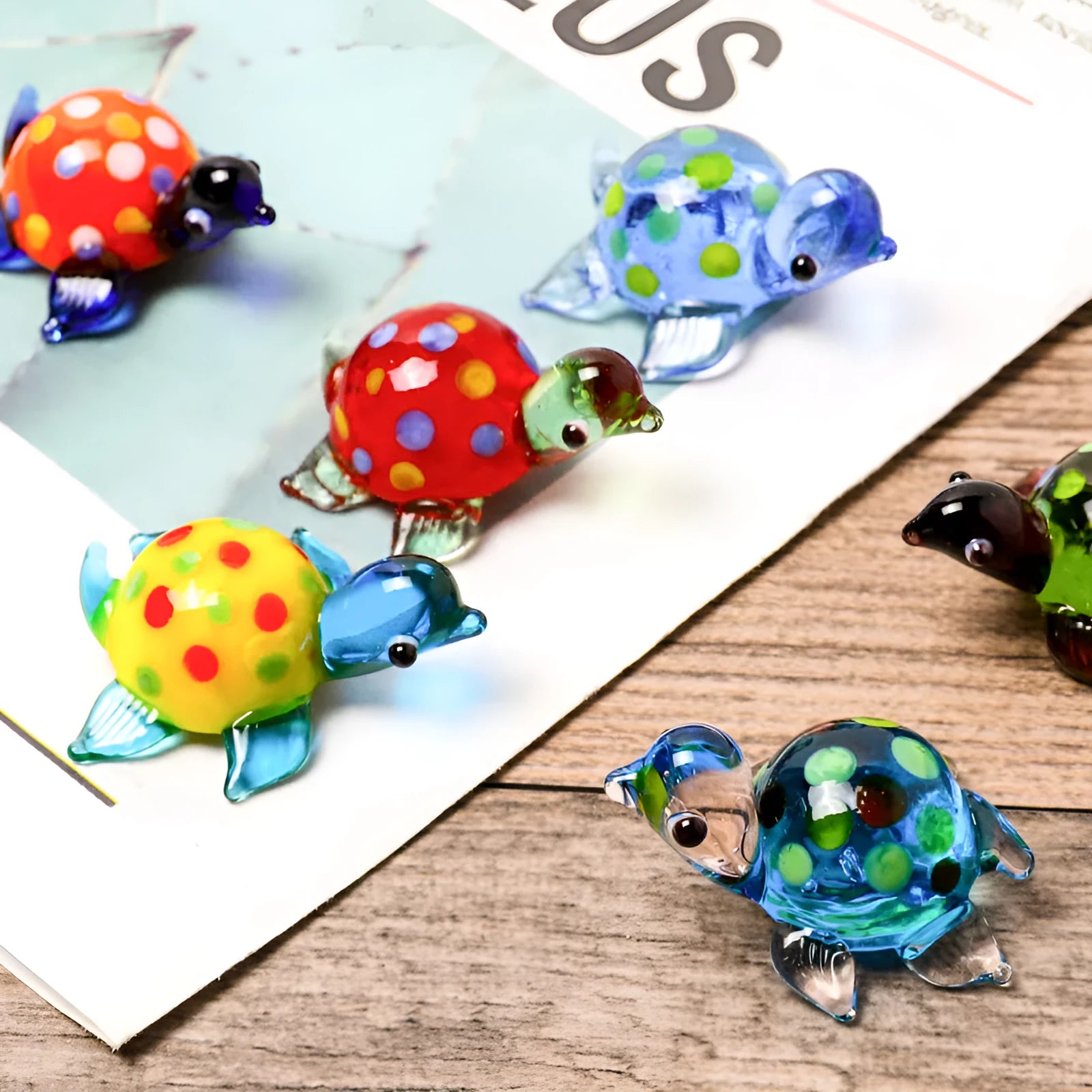 Set of six geometric glass turtle desktop decorations in assorted colour combinations