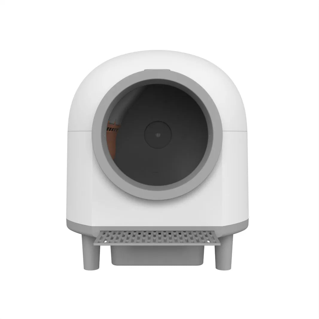 White automatic enclosed cat litter box with dimensions 556mm x 512mm x 590mm for cats 1-10kg