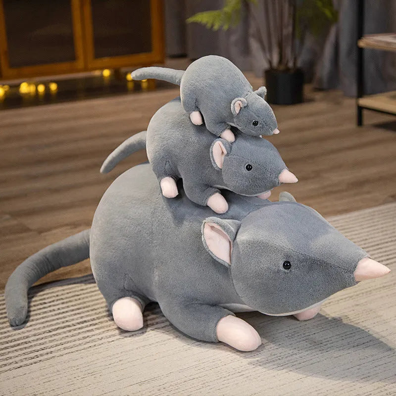 Cartoon-style grey mouse plush doll stuffed toy in small, medium, and large sizes.