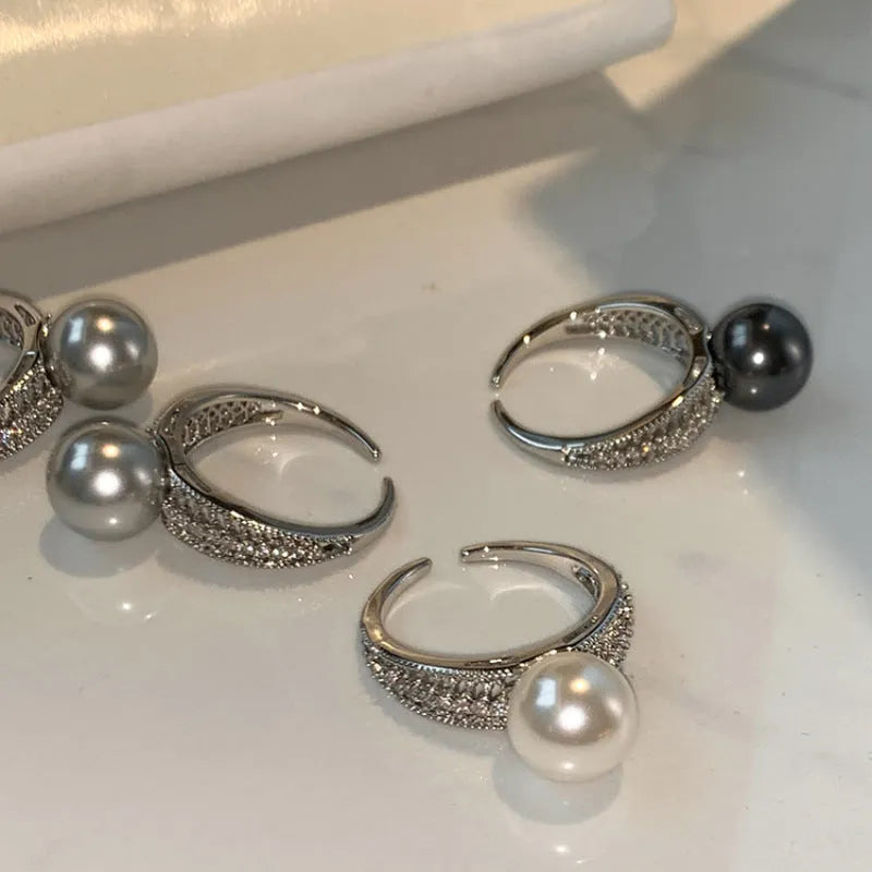 Adjustable open index finger ring with geometric design in matte black pearl finish
