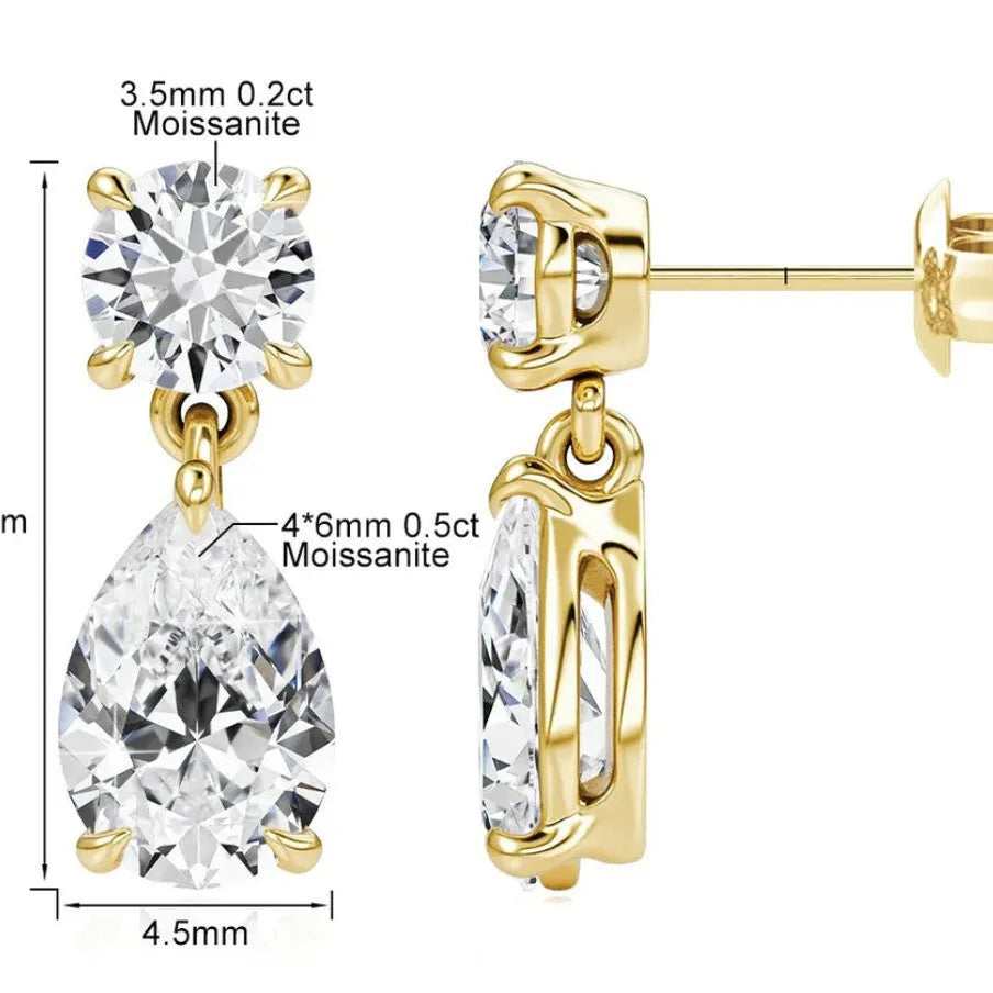 925 sterling silver geometric stud earrings with round and water drop moissanite stones
