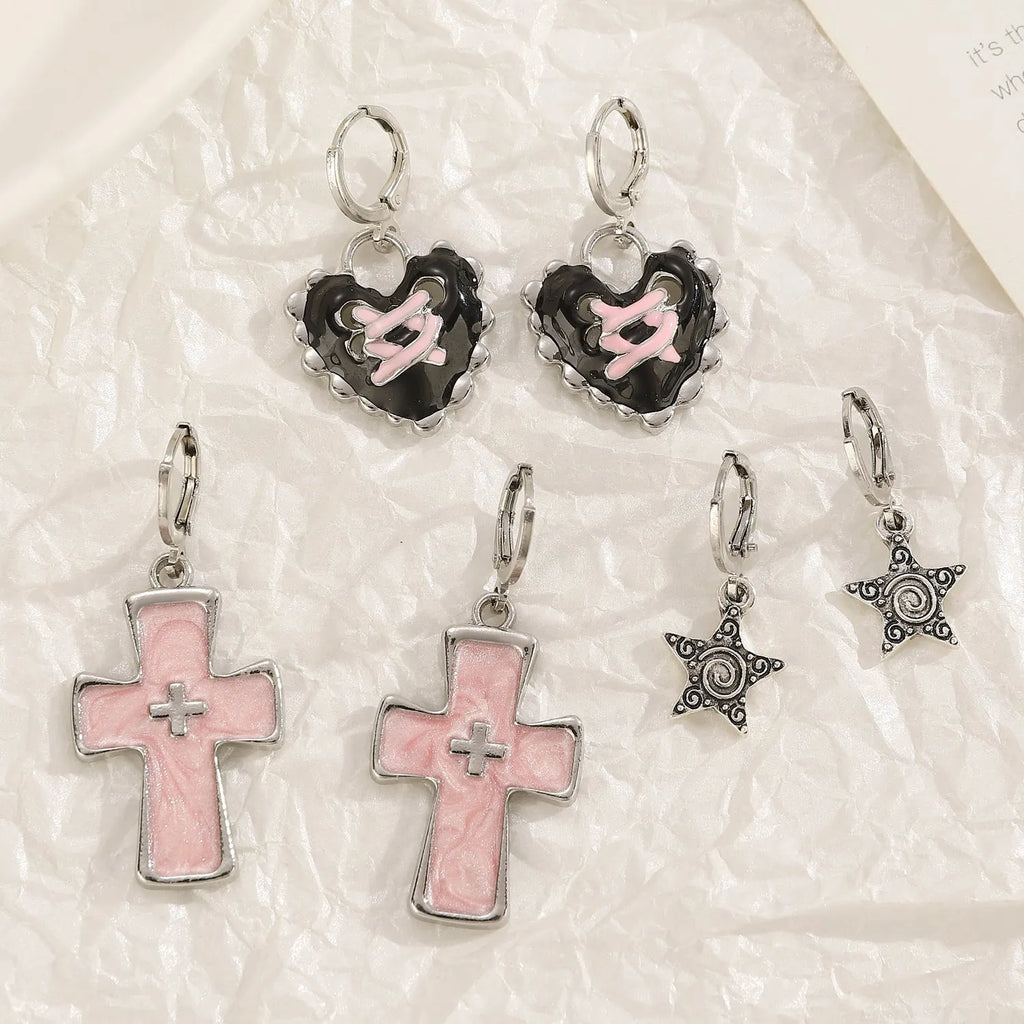 Women's alloy cross crystal earrings in white, black, and silver with geometric and character designs