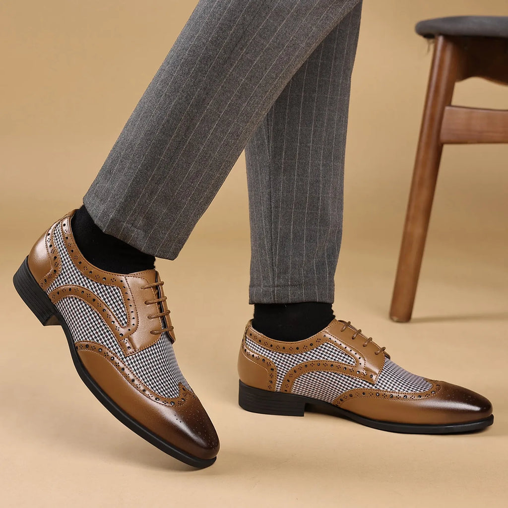 Men's black houndstooth patterned canvas lace-up shoes with a square toe and rubber sole.