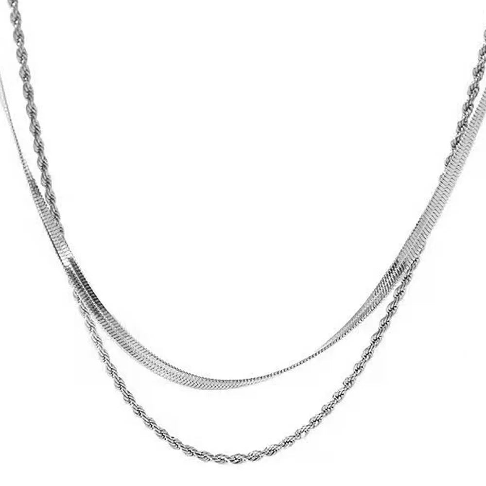 Retro double layer twist stainless steel necklace with geometric titanium steel pendant on snake bones chain