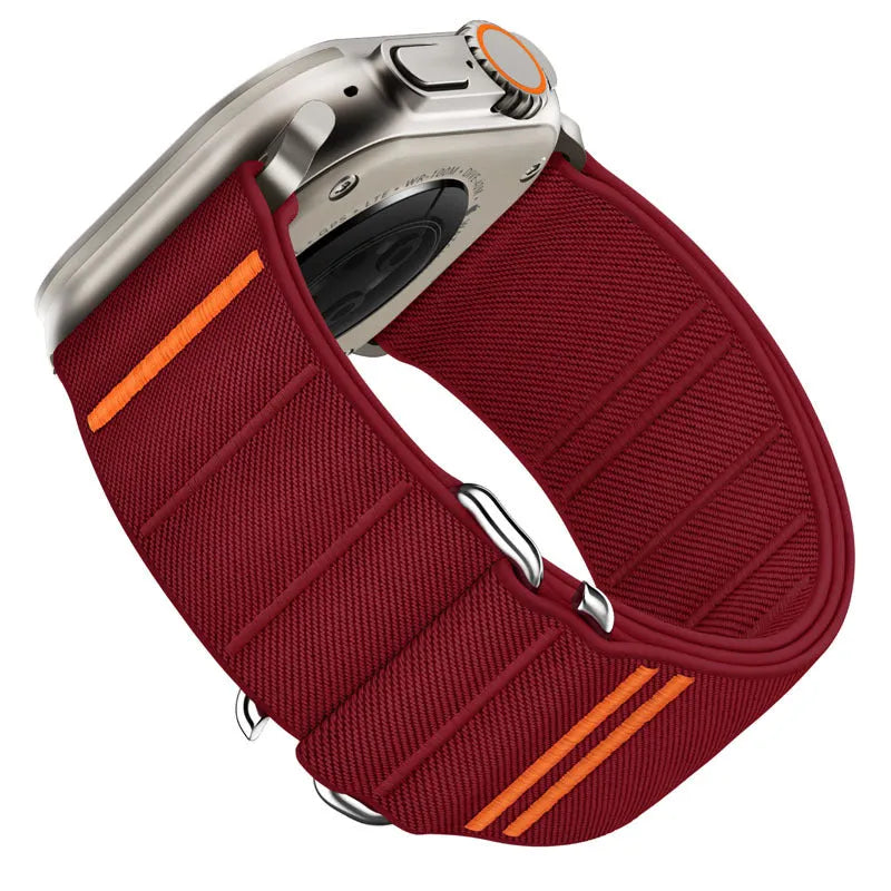 Elastic nylon Apple Watch band with stainless steel buckle in multiple colour options.
