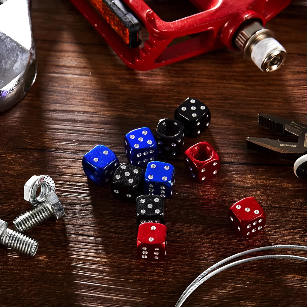 Aluminium alloy dice valve cap in assorted colours for American valve stems on car and motorcycle wheels.