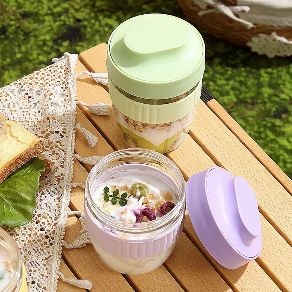 Green purple white pink salad cup with breakfast oat lid and spoon in 480ml or 570ml sizes