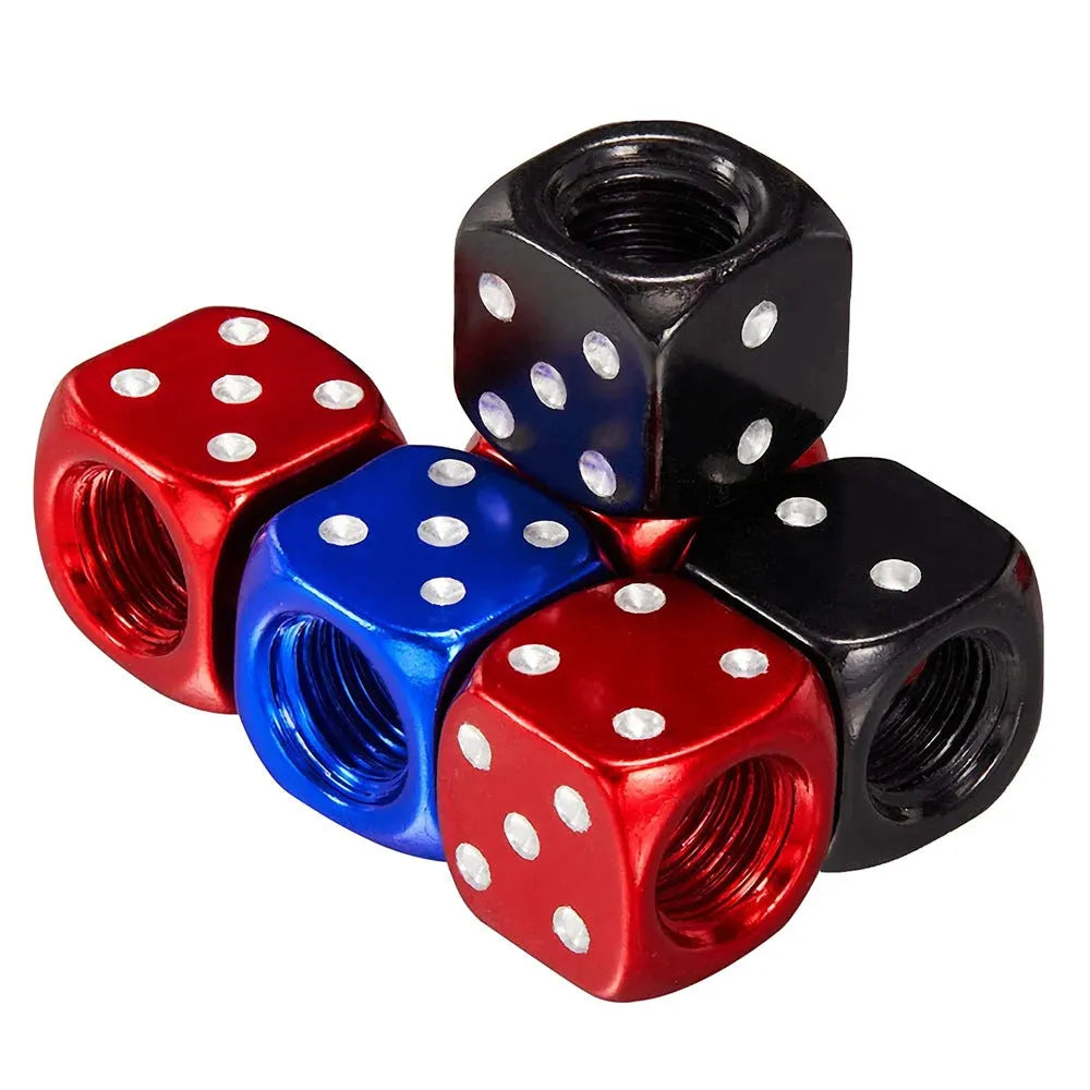 Aluminium alloy dice valve cap in assorted colours for American valve stems on car and motorcycle wheels.