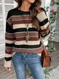 Women's colourblock striped pullover sweater in polyester, shown in black, blue, and grey.