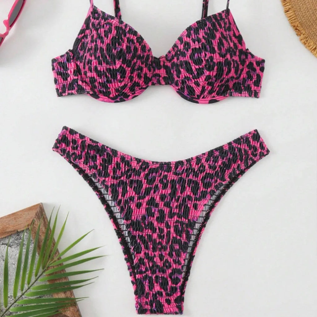 Leopard point patterned backless bikini set for women in brown mixed colour