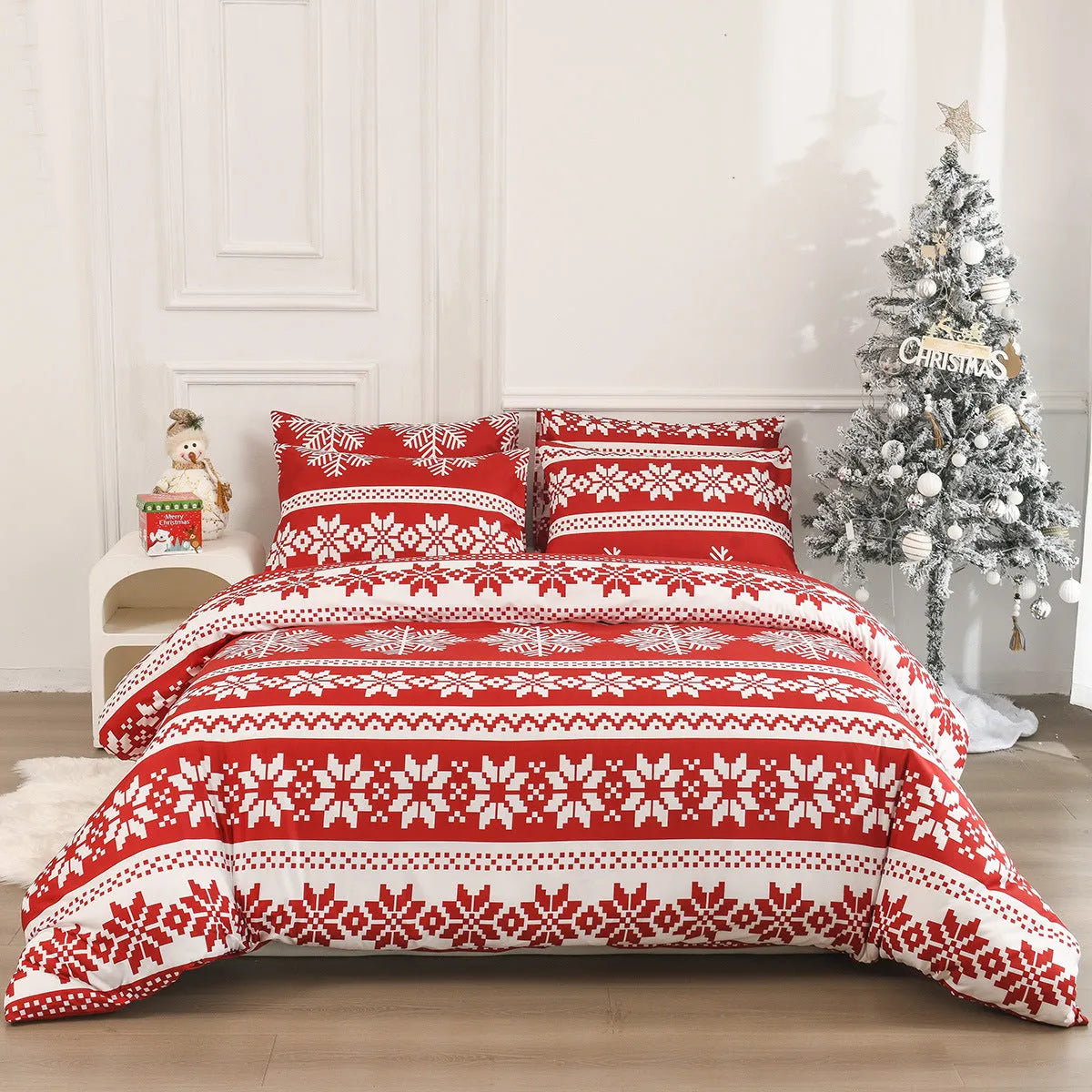 Winter Sleepers red Christmas Love Song pattern bed linen three-piece set on bed
