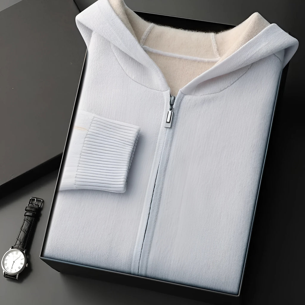 Men's dark blue cashmere zip-front cardigan sweater with half-high collar
