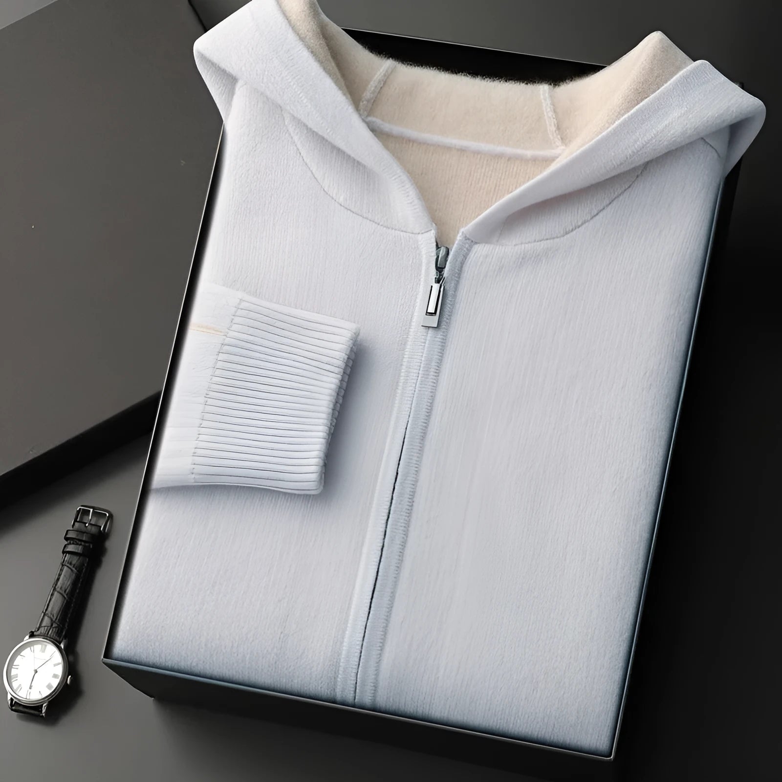 Men's dark blue cashmere zip-front cardigan sweater with half-high collar