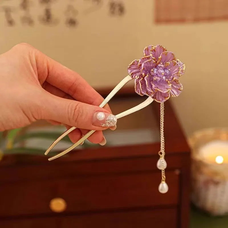 Purple and white peony flower tassel U-shaped hairpin with alloy electroplated construction