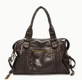 Women's French retro motorcycle messenger shoulder bag in soft PU leather with woven detailing