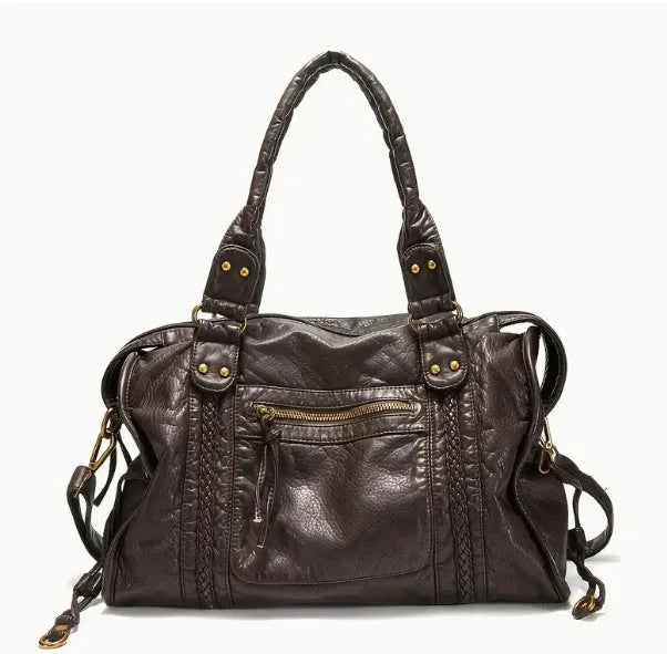 Women's French retro motorcycle messenger shoulder bag in soft PU leather with woven detailing