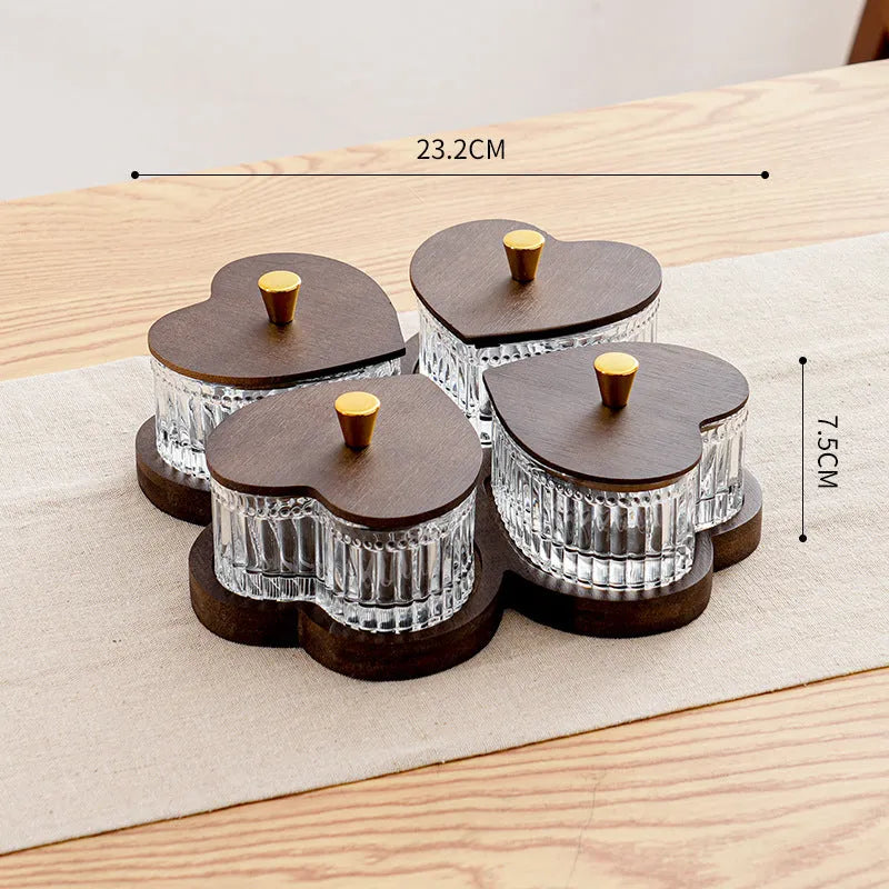 Glass snack serving tray with transparent heart-shaped lid in retro style, shown in 2-grid, 3-grid, 4-grid, and 5-grid options.