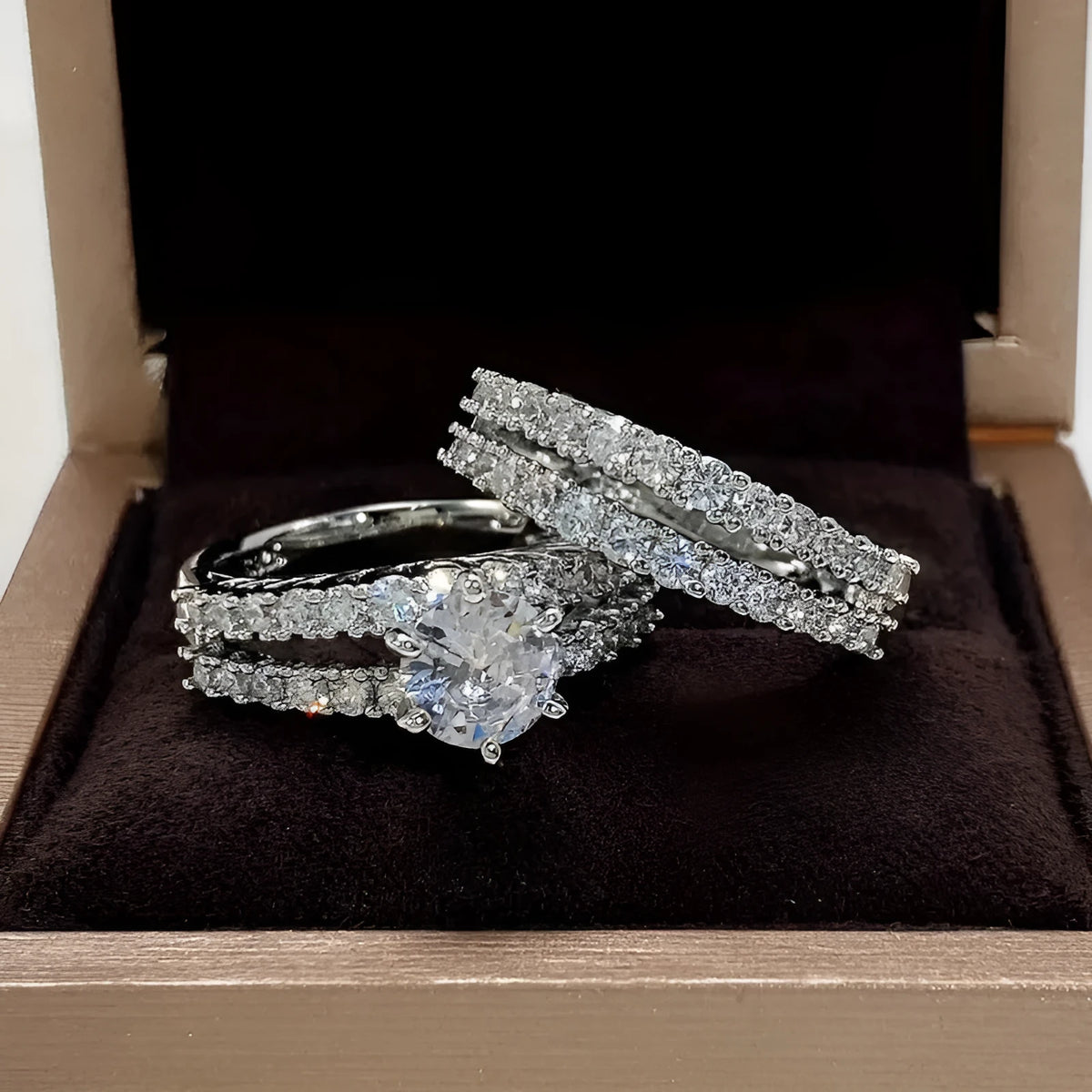 Fully-jewelled 2-in-1 female ring set in geometry design with diamond treatment, shown in silver, gold, and rose gold colours.
