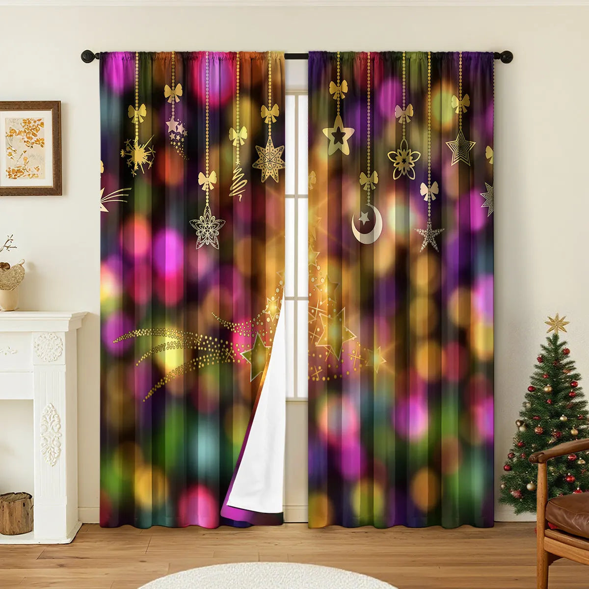 Set of two 3D digitally printed Christmas curtains with festive patterns