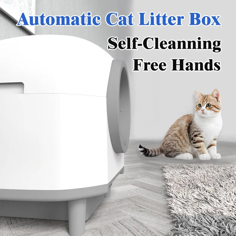 White automatic enclosed cat litter box with dimensions 556mm x 512mm x 590mm for cats 1-10kg