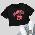 Black cotton summer t-shirt with personalised white English letters print and exposed navel design