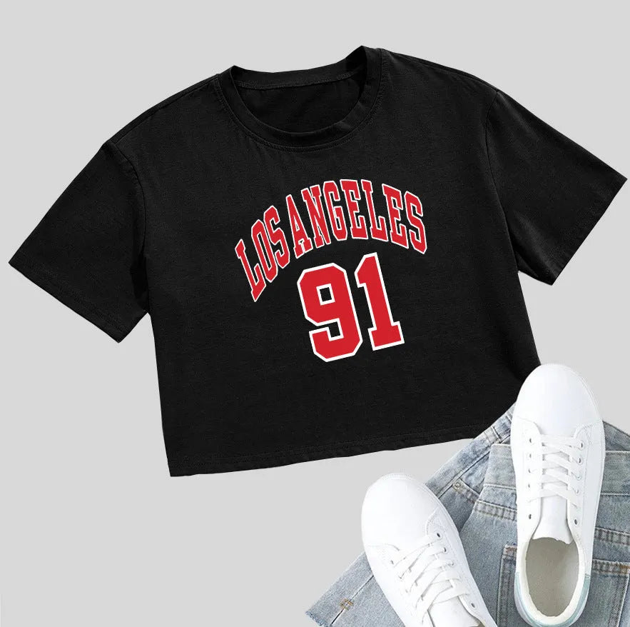 Black cotton summer t-shirt with personalised white English letters print and exposed navel design