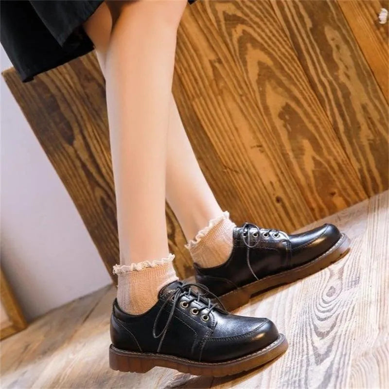 Women's black preppy style Mary Jane shoes with square low heel and round toe