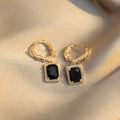 Copper geometric earrings with quadrilateral design in black zircon French court drop style
