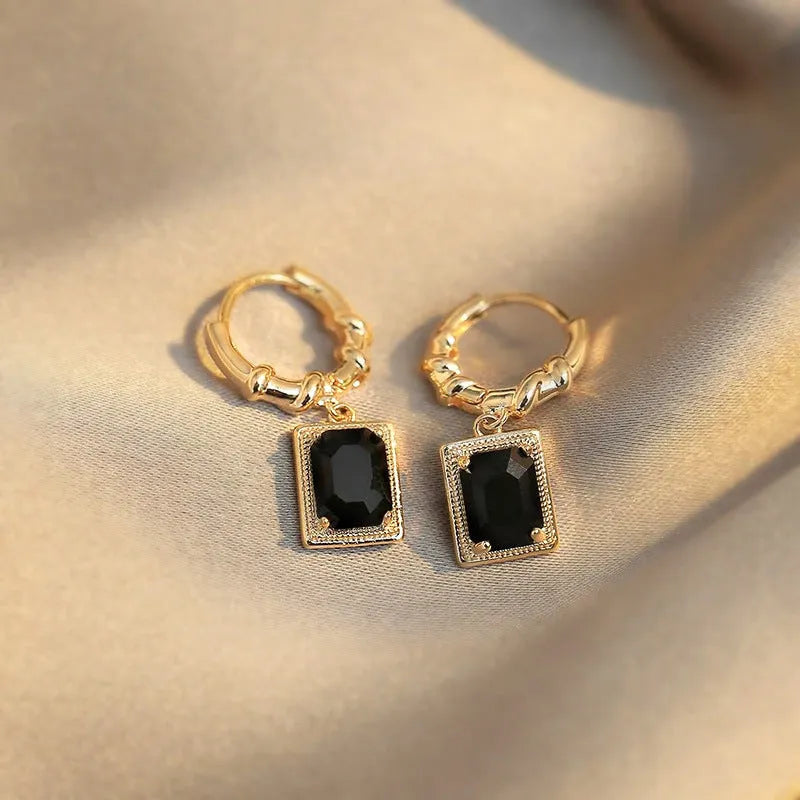 Copper geometric earrings with quadrilateral design in black zircon French court drop style