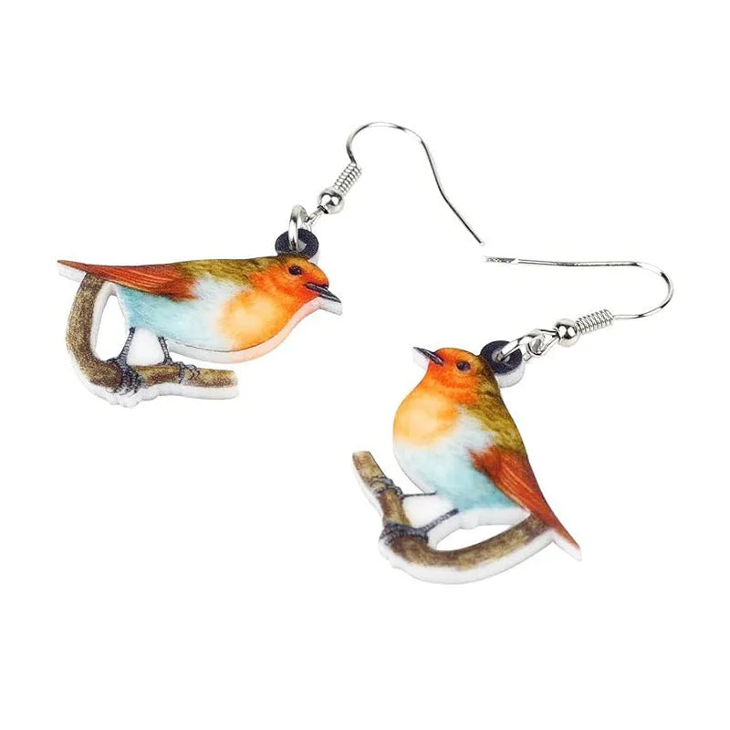 Pair of blue titmouse bird design pendant earrings made from printed acrylic.