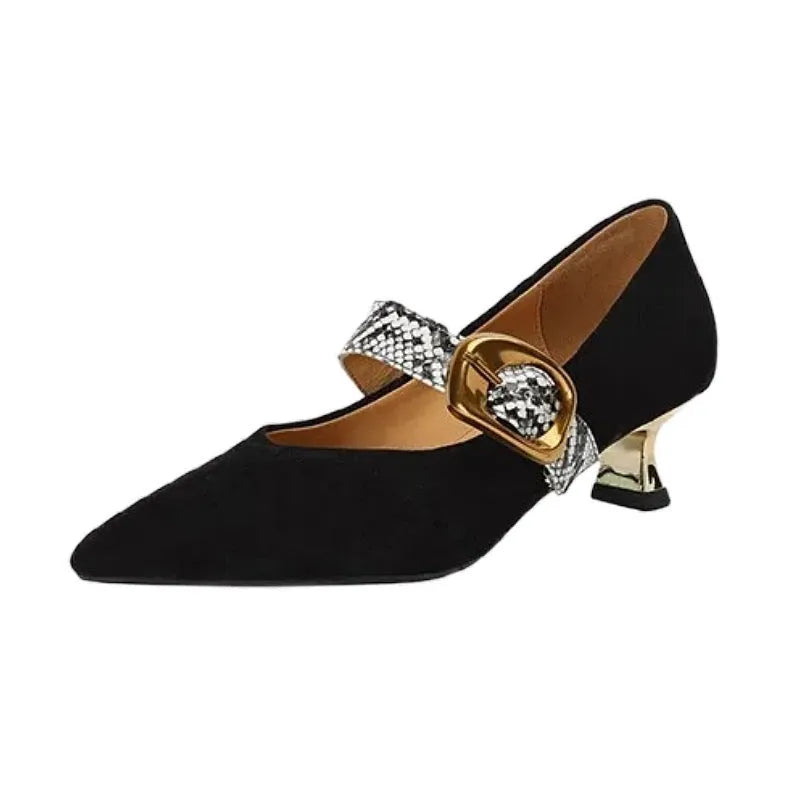 Women's black pointed stiletto heels with buckle closure and 3-5cm heel