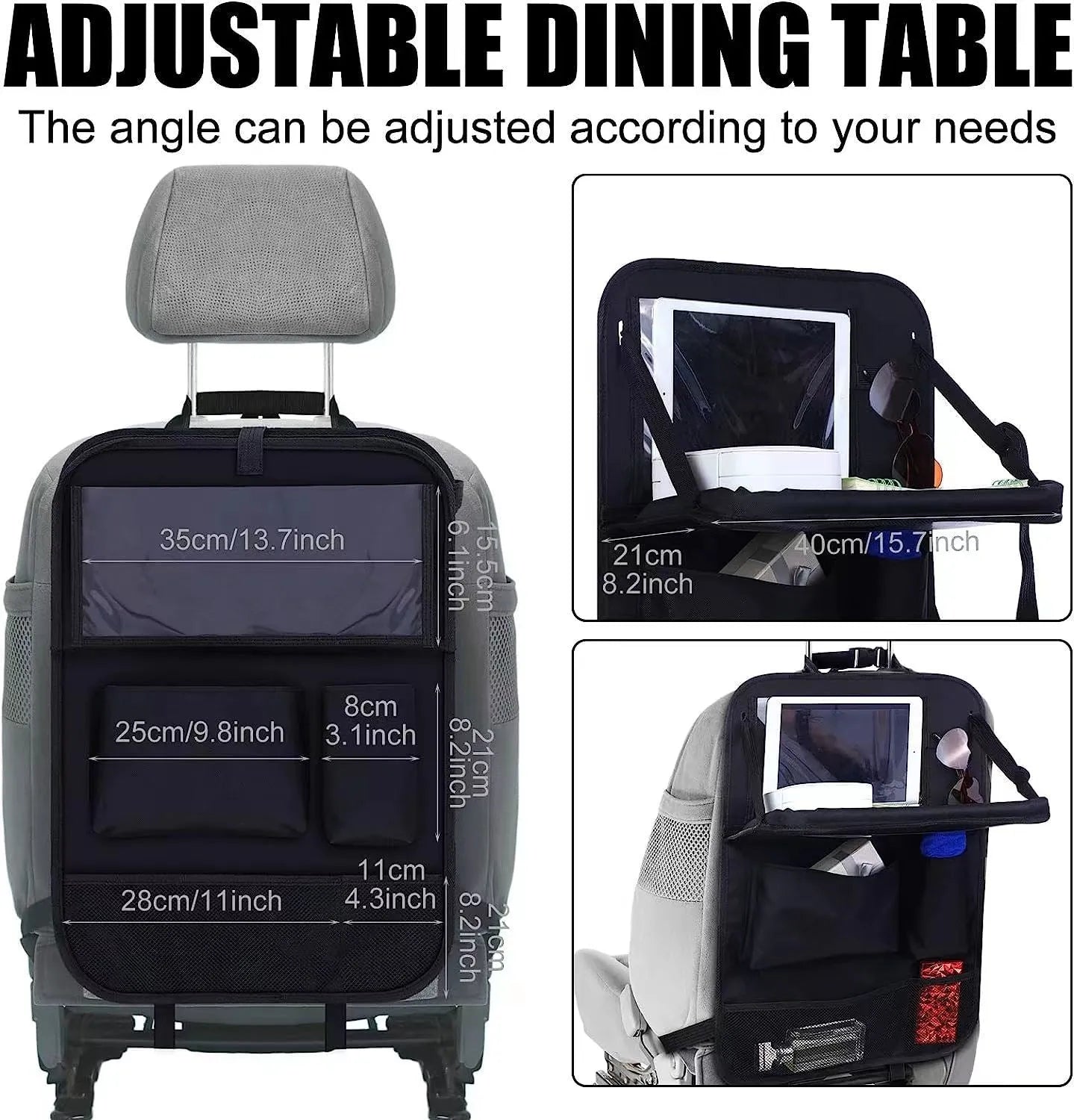 Black Oxford cloth car seat back buggy bag hanging behind vehicle headrest with 42x30cm storage capacity