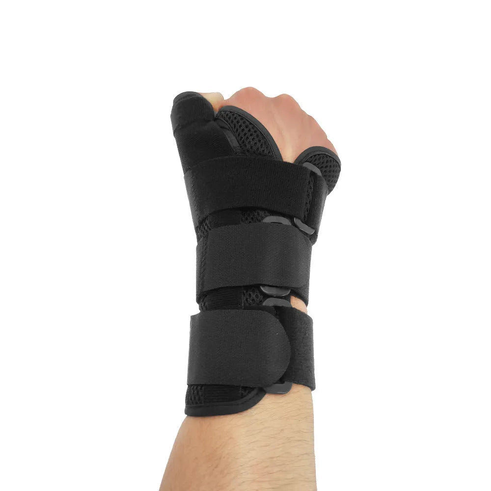 Black or gray carbon fiber sports wrist guard with thumb strap for left or right hand support