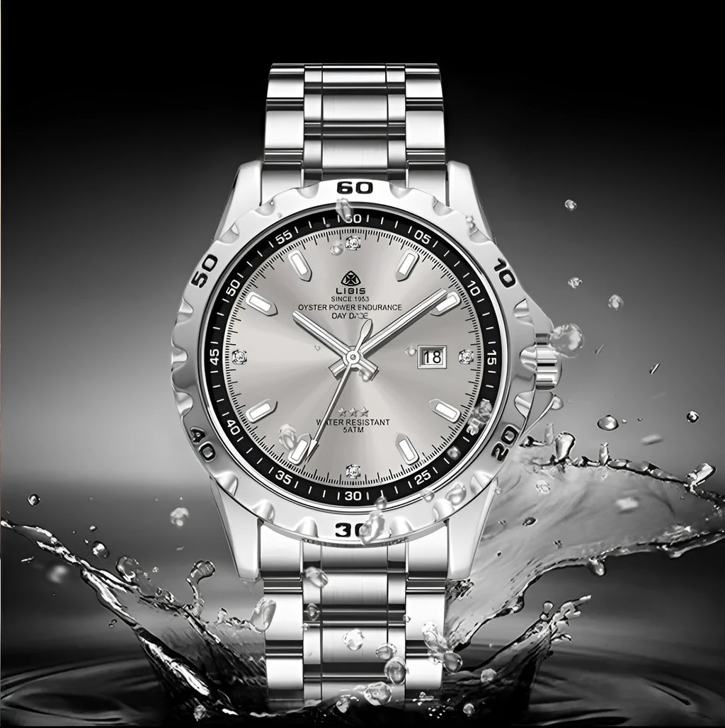 Men's silver business watch with stainless steel strap, luminous hands, and sapphire crystal glass face