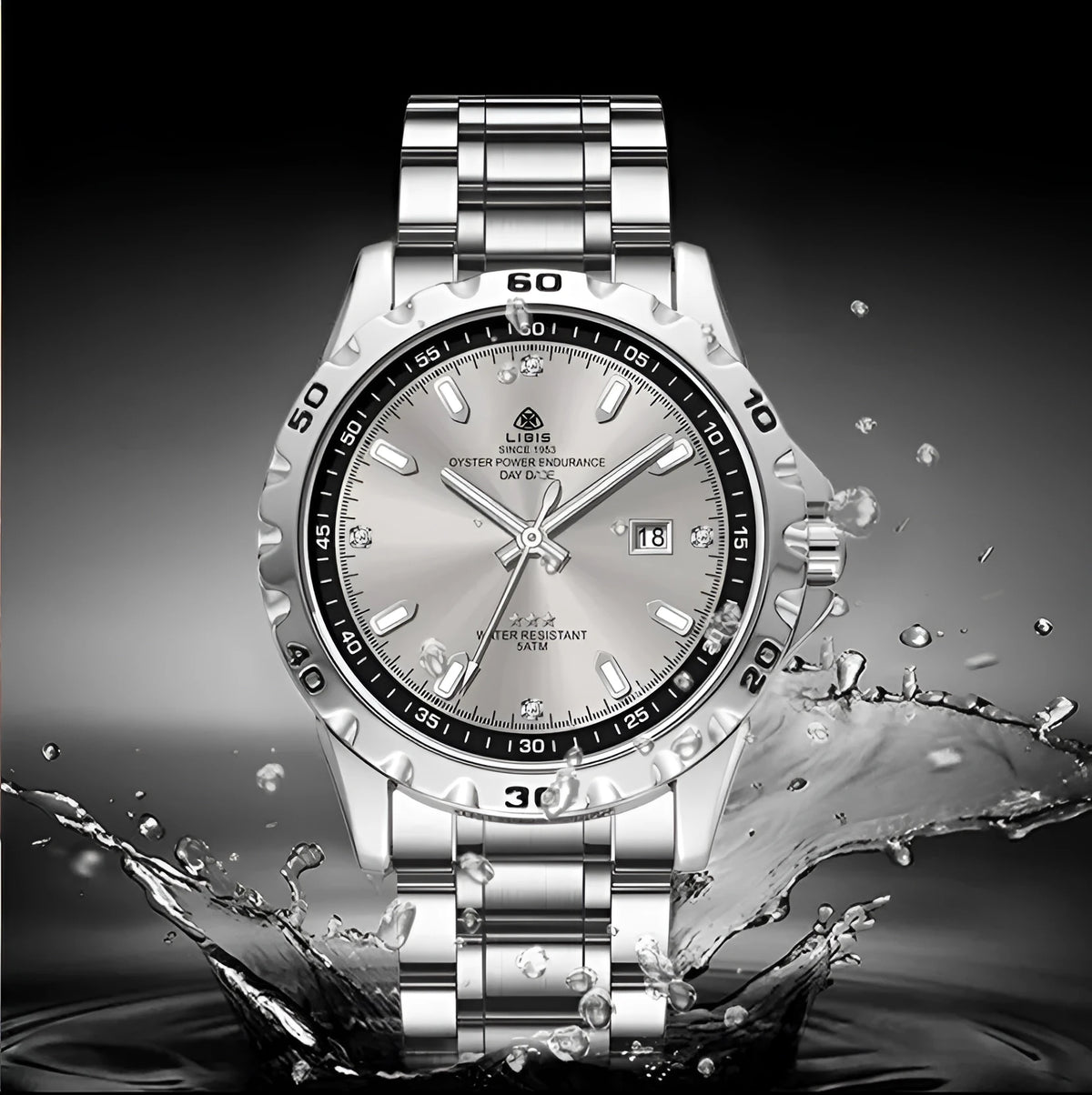 Men's silver business watch with stainless steel strap, luminous hands, and sapphire crystal glass face