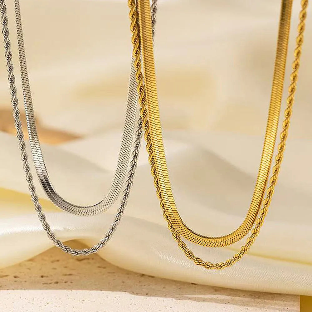 Retro double layer twist stainless steel necklace with geometric titanium steel pendant on snake bones chain