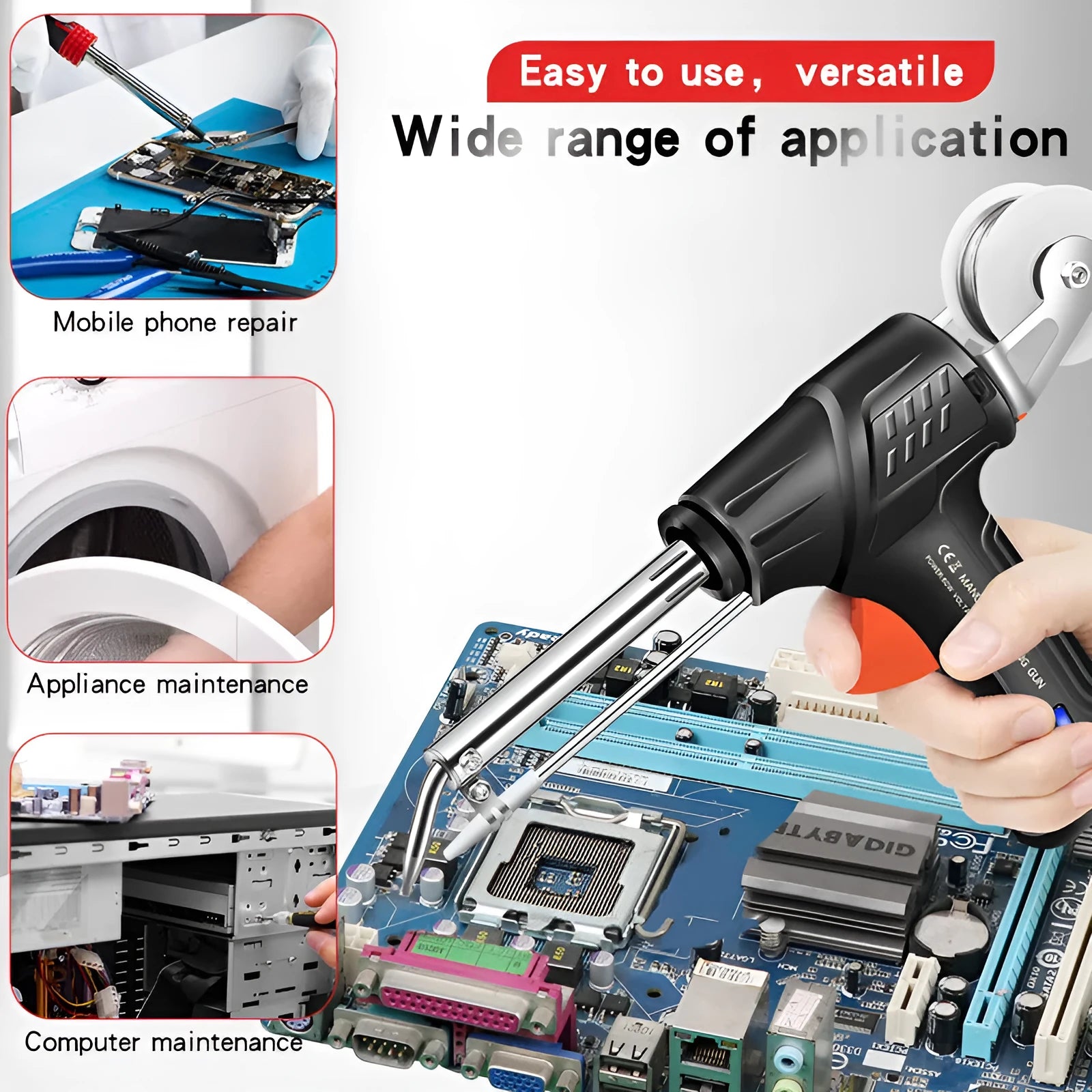 Black G102 soldering gun with LED light, part of a five-piece tool kit on a workbench