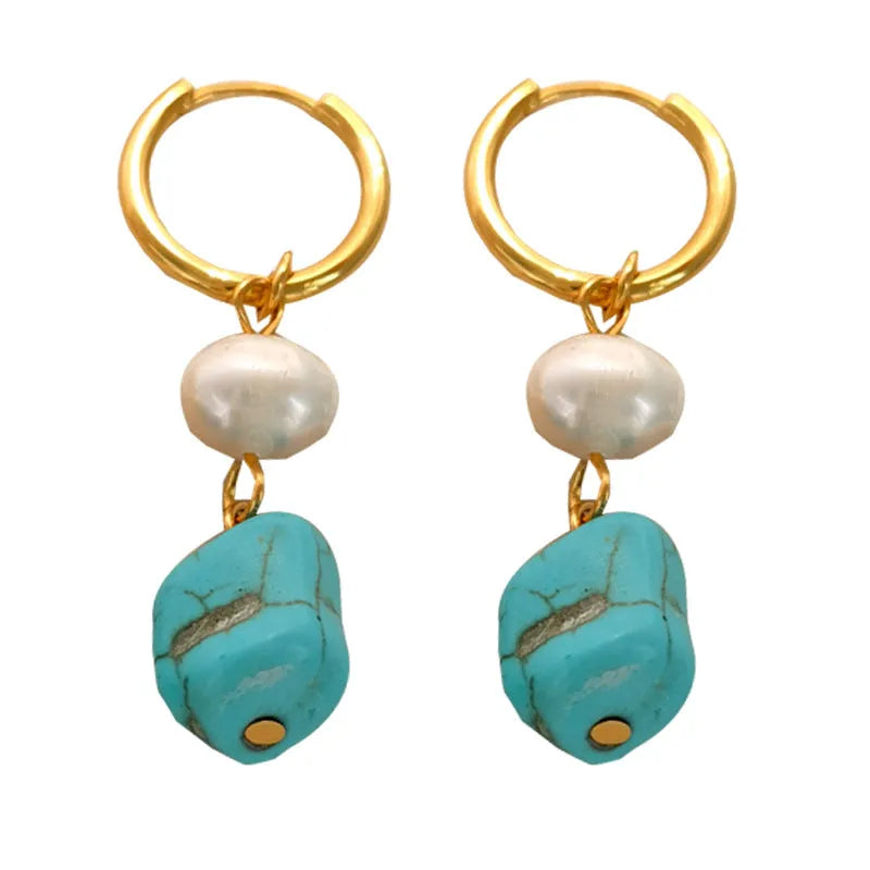 Geometric copper earrings with cultured pearls and irregular turquoise accents in European and American style