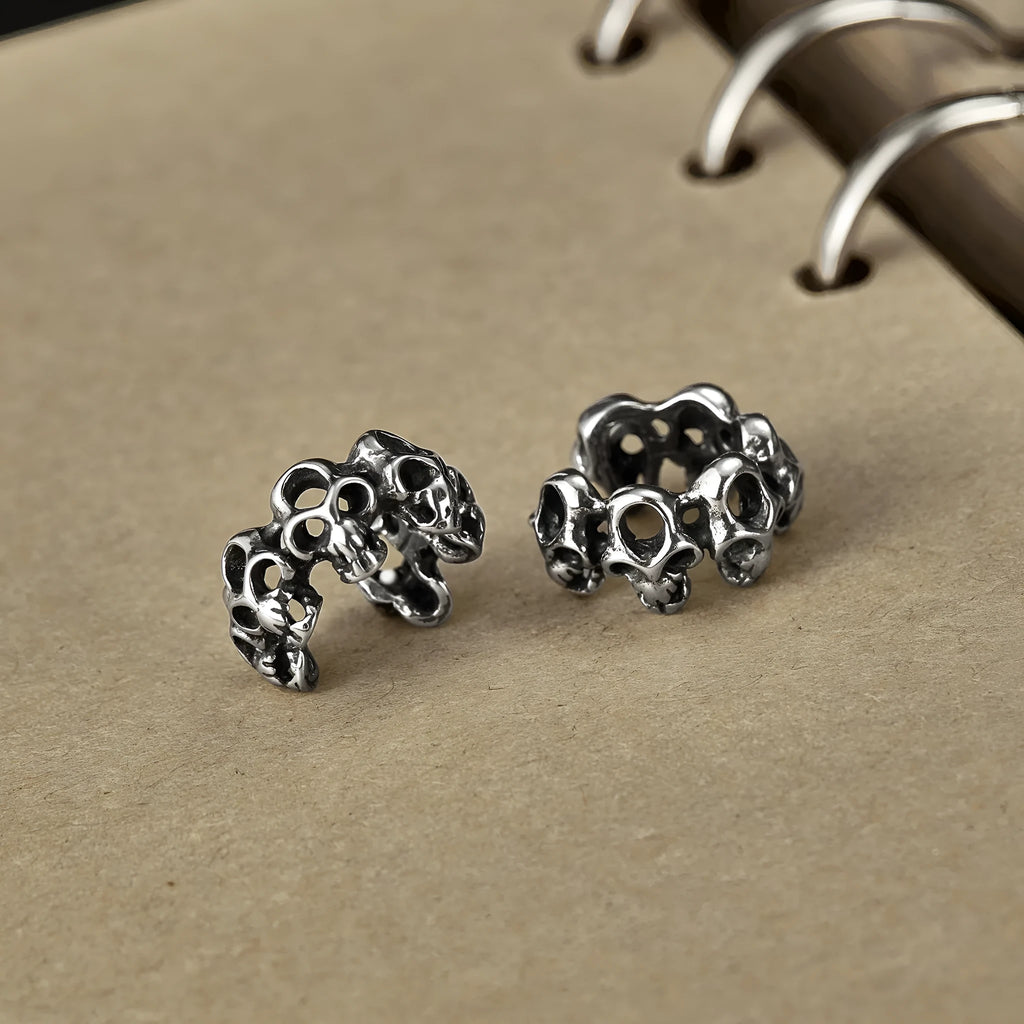 Silver stainless steel hollow skull ear clip with geometric retro design for unisex hip hop fashion
