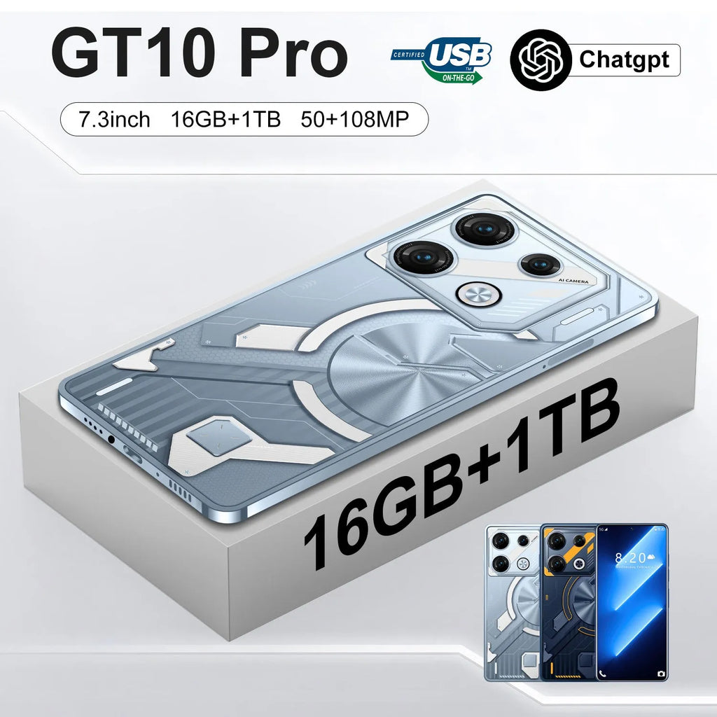 GT10 Pro Blue and Silver Android smartphones showing straight plate design on a table.